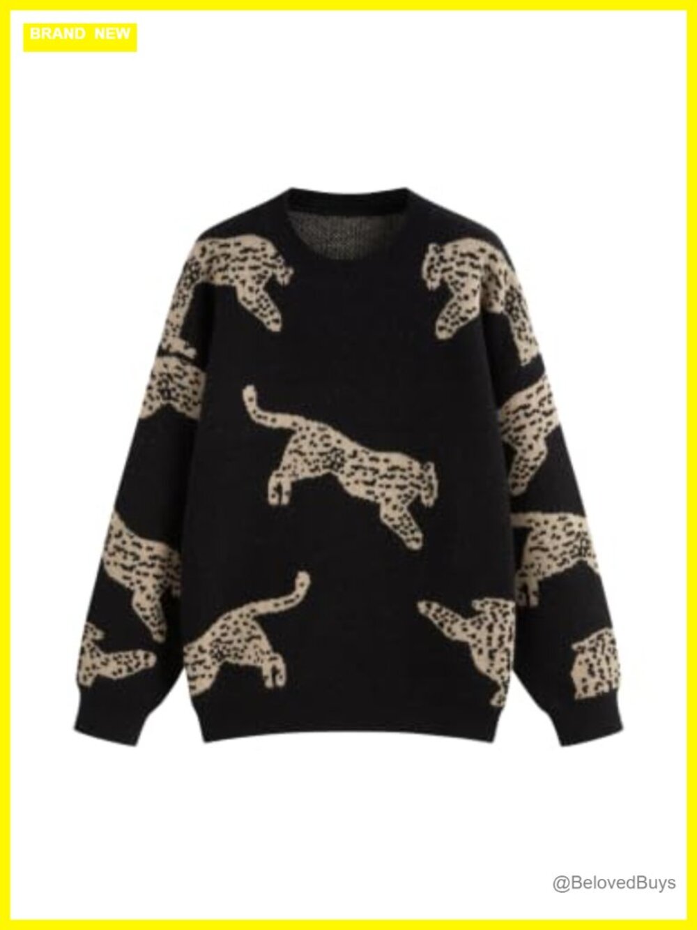 Leopard Print Crew Neck Long Sleeve Knit Pullover Sweater Boho Fall Winter